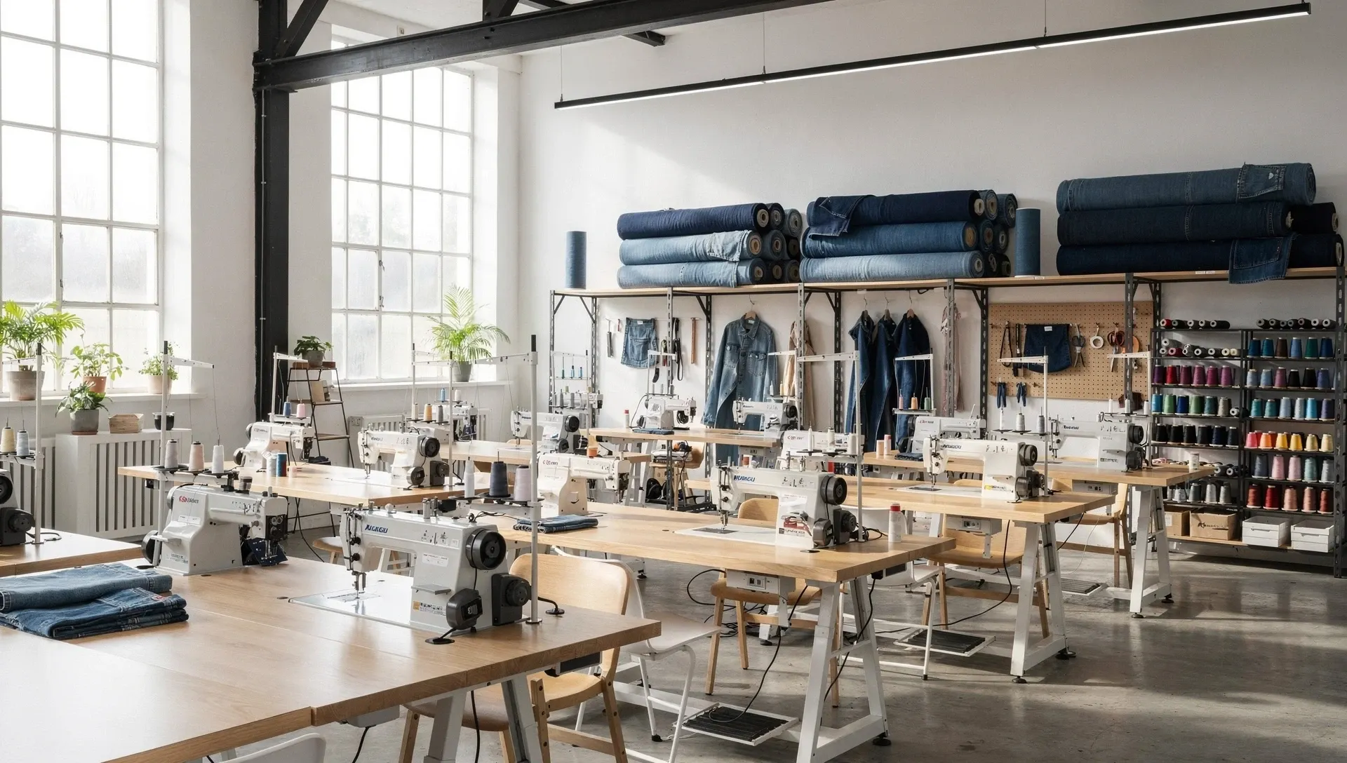 Bright modern workshop with sewing machines and denim rolls, Scandinavian industrial interior