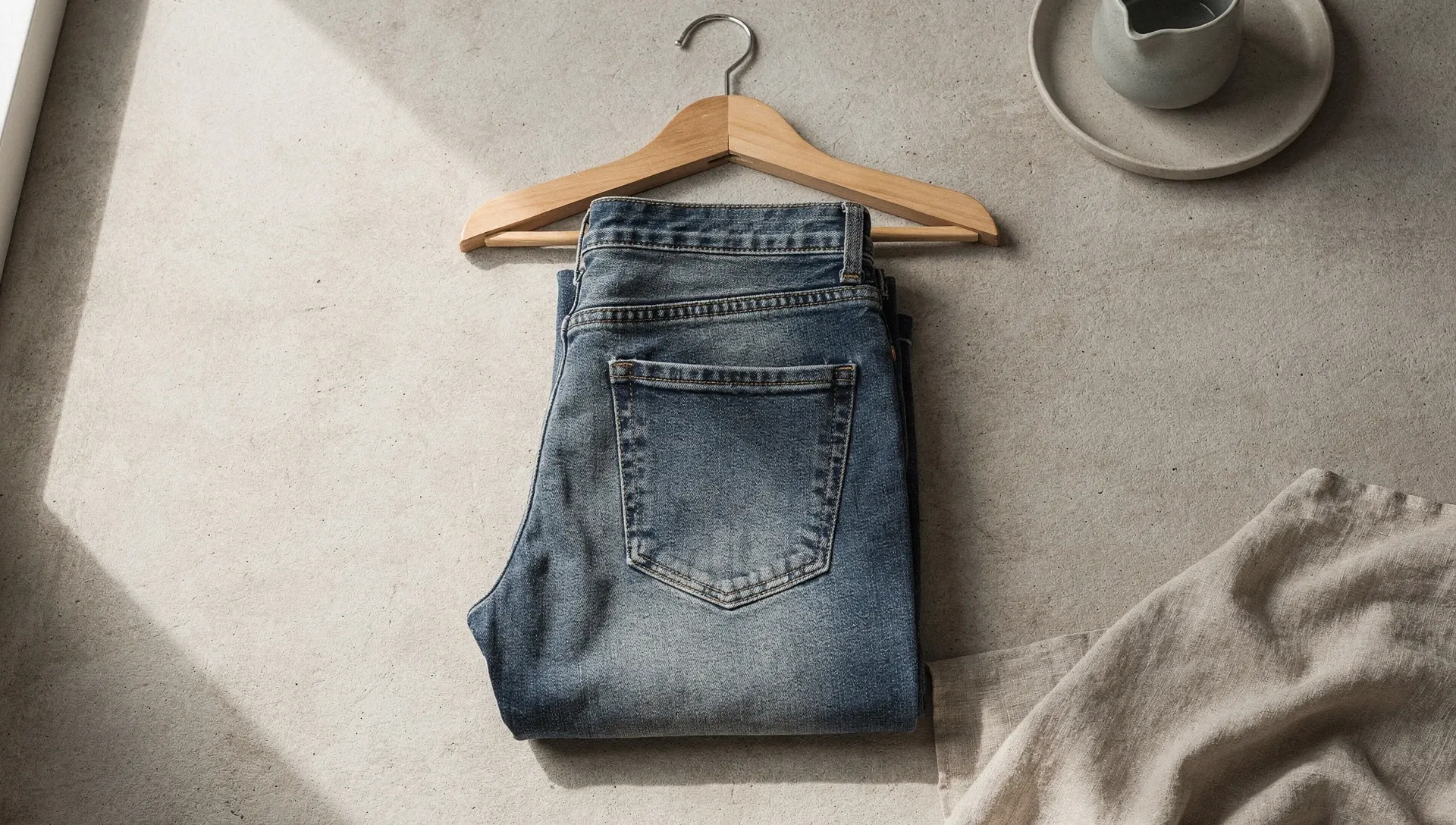 Denim jeans hanging on a wooden hanger with a modern minimalist interior background